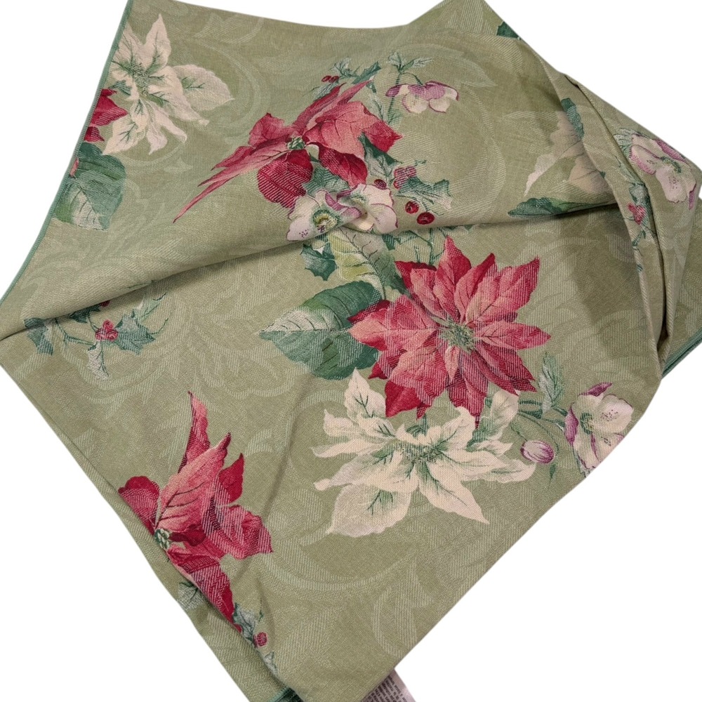 TerriSol 136x49 Green Tablecloth Poinsettia Floral Christmas Holiday Cottagecore